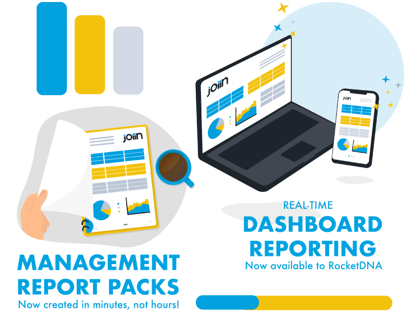 Infographic showing how RocketDNA's reporting times have reduced with the use of Joiin